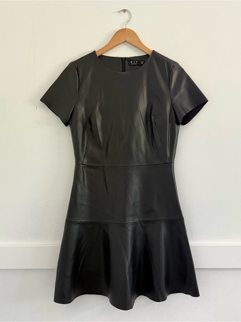 Faux Leather Short Sleeve Black Dress